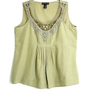 Tryst Olive Green Linen/Lace Sleeveless Top With Pleated Detail & Lace